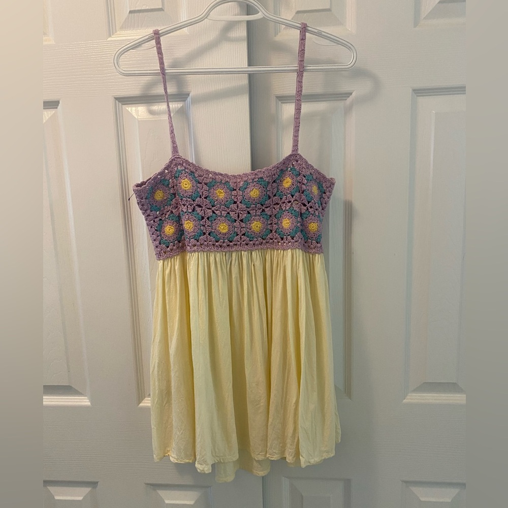 ASOS DESIGN | Crochet Granny Square Babydoll Dress | Cream/Yellow/Purple | 4 - Picture 5 of 14